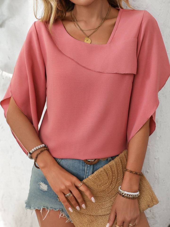 Aemi + Co Side Slit Notched Ruffled Half Sleeve Blouse