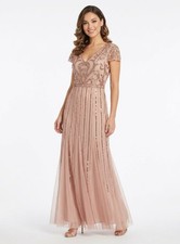 Papell Studio Beaded Sequin Maxi Evening Gown Dress Rose Gold Size 8 NWT