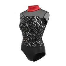 Weissman Girls Size IC Black Sequin Sleeveless Dance Leotard Red Stretch NEW