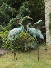 Metal Heron Garden Statues Set of 2 Large Blue Crane Outdoor Yard Art Decor