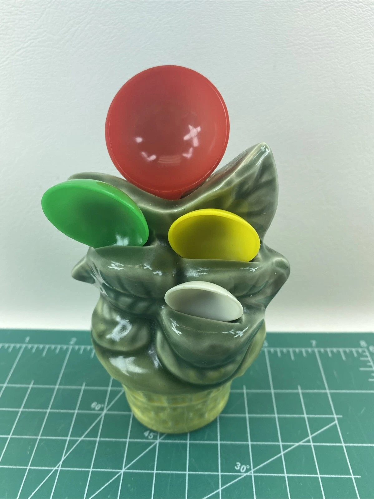 Vintage Ceramic Flower Pot w/Original Measuring Spoons 6” Tall