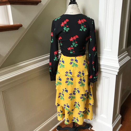 NWOT Novis Berkeley Midi Dress Womens 2 Black Yellow Floral Print VNeck Silk NEW - Picture 11 of 13