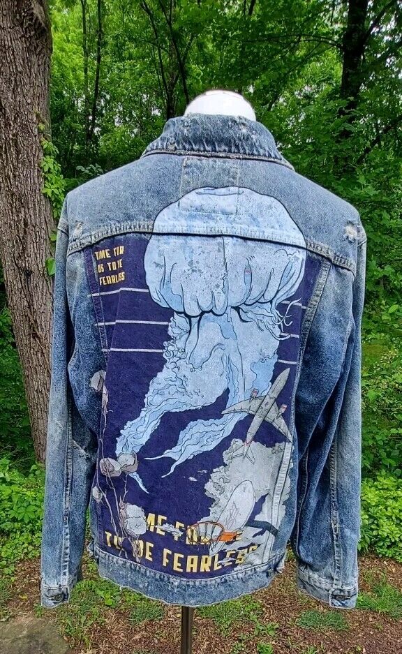 ZARA Mens Graphic Print Blue, Denim Jacket Large Time For Us ZARA Mens Graphic Print Blue, Denim Jacket Large Time For Us