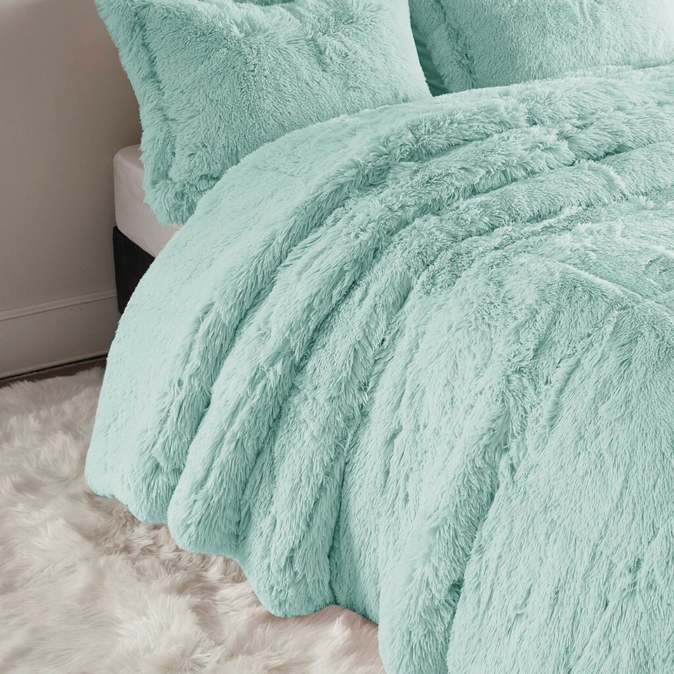 ULTRA SOFT PLUSH AQUA GREEN FAUX FUR COMFORTER SET SHAGGY BEAR HUG