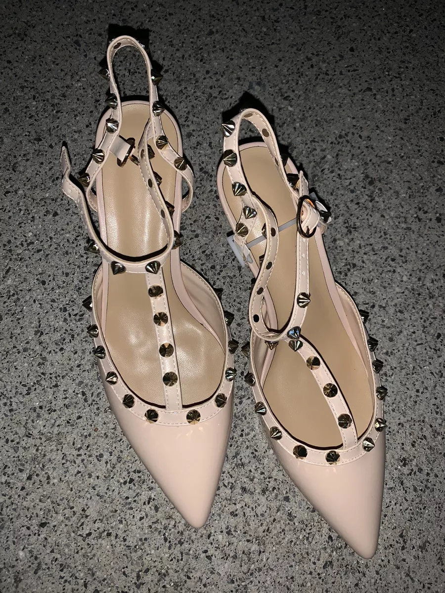 KAITLYN PAN Taupe Beige Spikes Studded Rock Stud Slingbacks High Heel  ❤️sj19j1