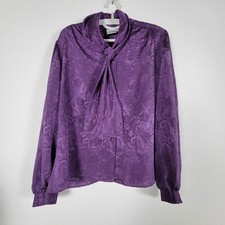 Vintage Lucia Womens Purple Paisley Blouse with Scarf Collar Size 14 Long Sleeve