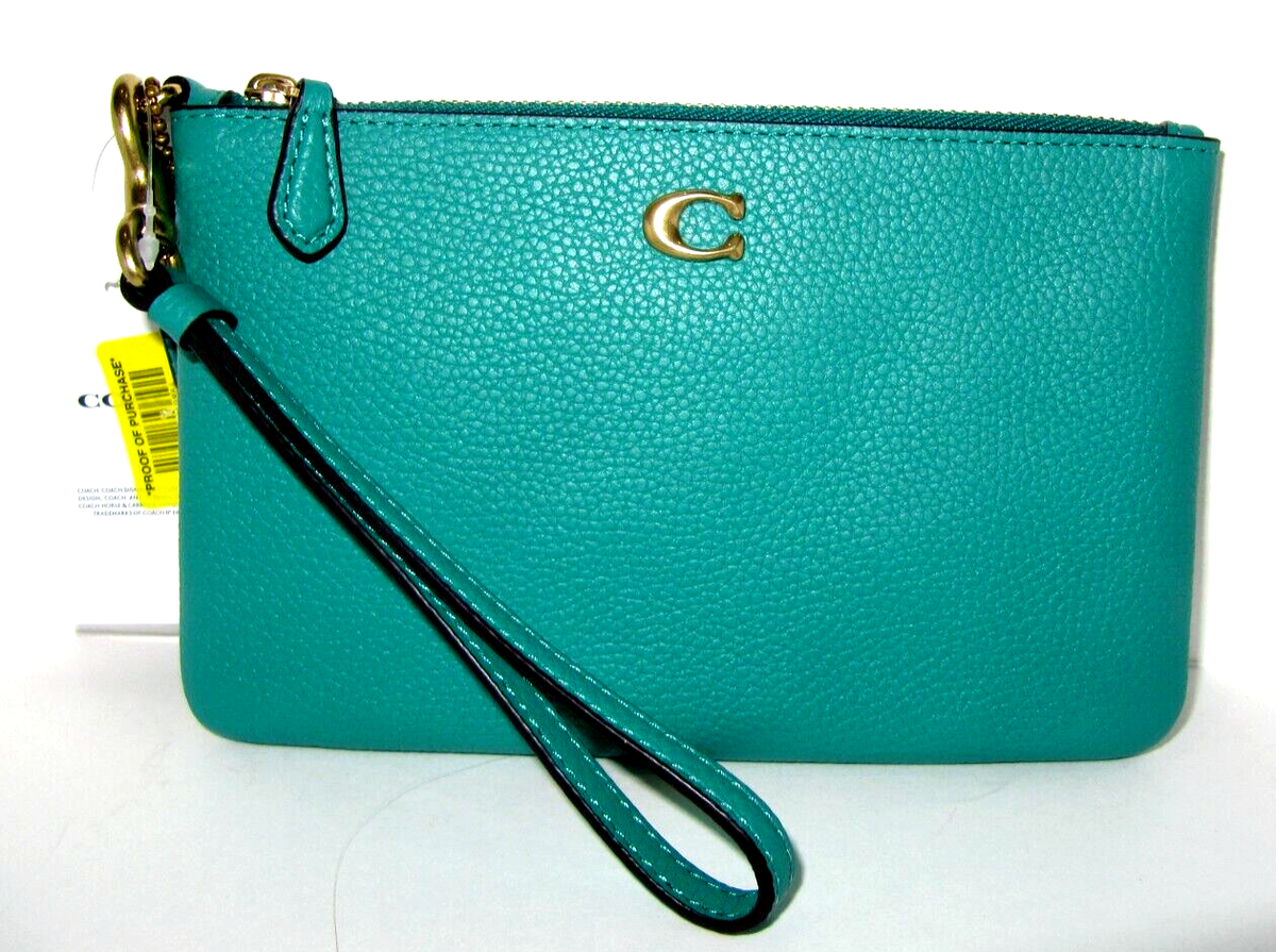 Coach New CH818 Small Corner Zip Polished Pebbled Leather Bright