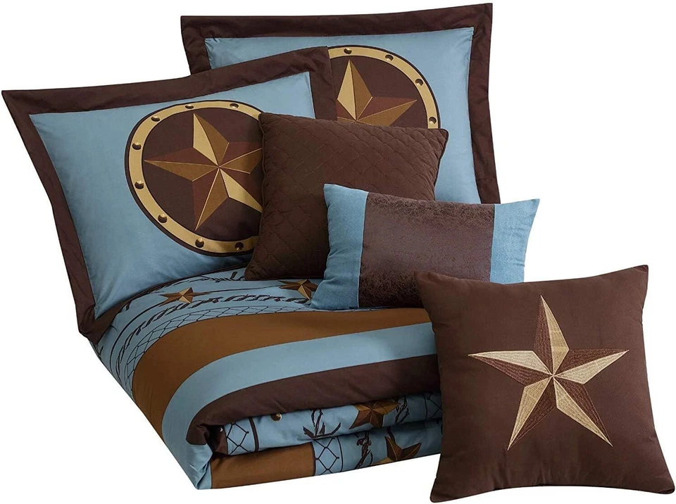 7pcs Turquoise Brown Printed Texas Star Western Cowboy Oversized Comforter Set - Image 2 of 4