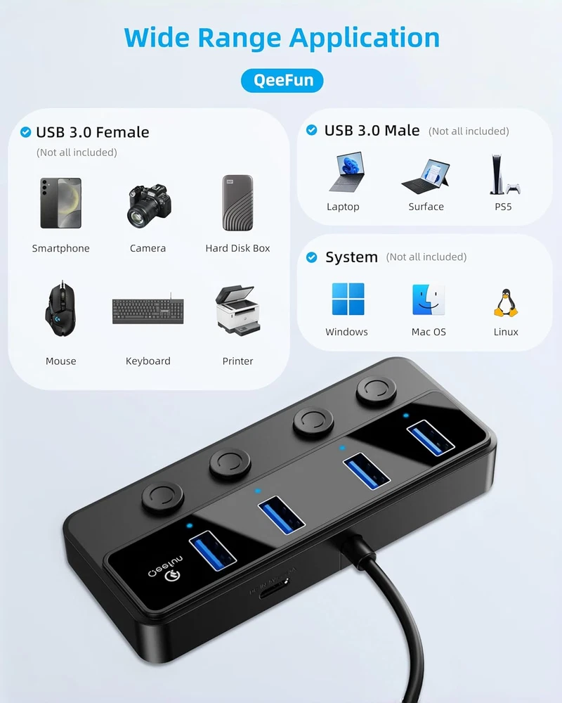Qeefun 4-Port USB 3.0 Hub with LED Power Switches & 2Ft Extension Cable 5V Power Adapter