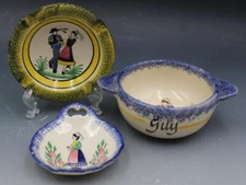 3 Pcs HB Quimper French Faience Ceramic Lugged Bowl / Teabag Holder / Ash Tray