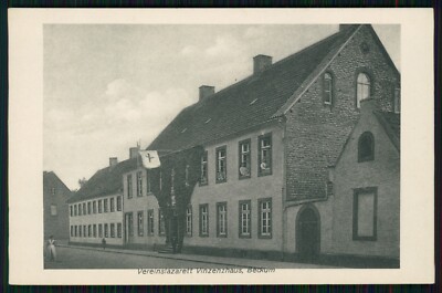 Postcard Beckum Westphalia club hospital Vinzenshaus 1916 soldiers flag in window