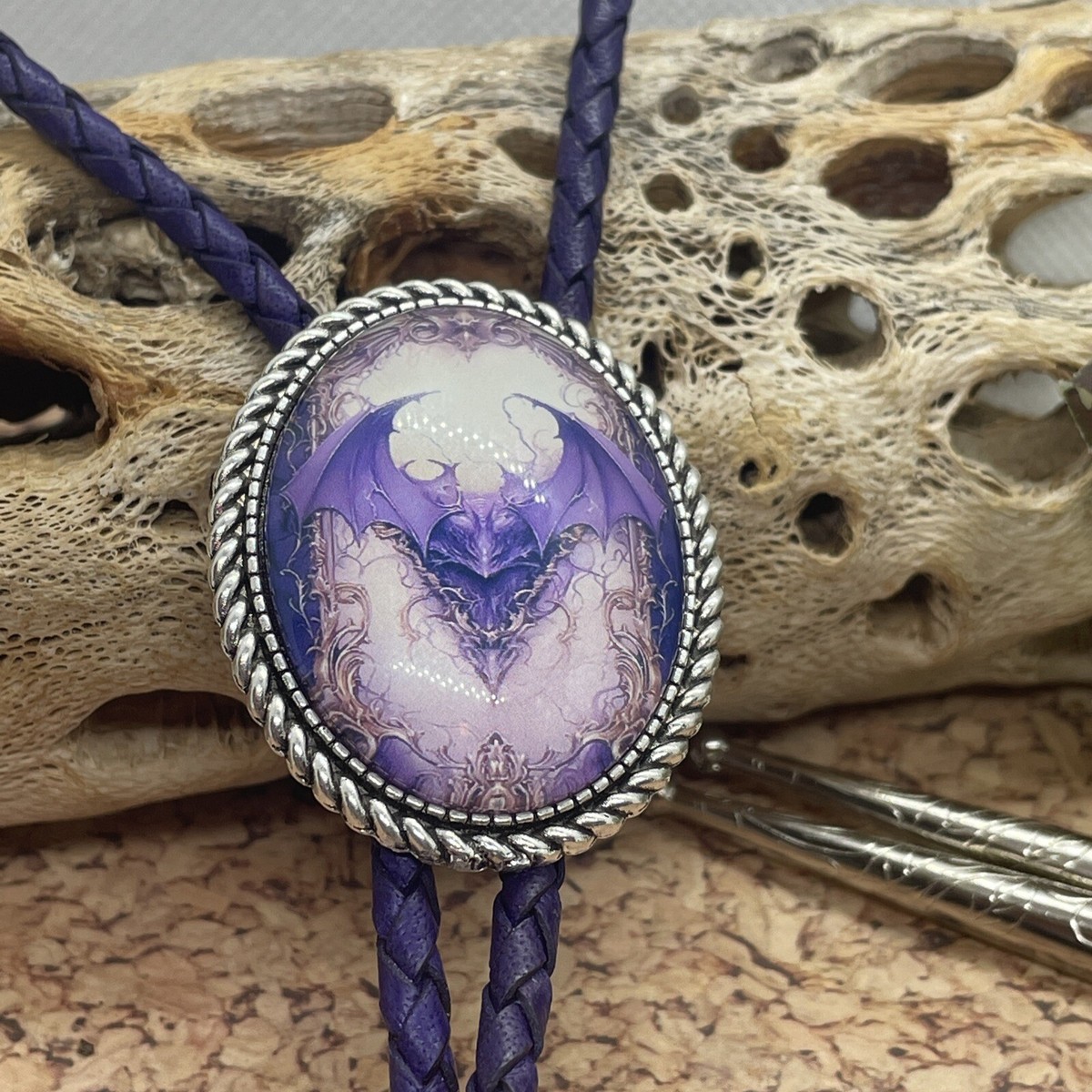 PURPLE Wedding party Bat Goth Silver Lariat Black Bolo Tie Gift 