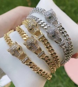 Authentic Gold Plated Leopard Cuban Link Simulated Diamond Bracelet Charm Bracelets