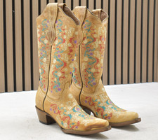 Corral Ladies Sand Multicolor Floral Embroidery Leather Boots L2065 US Size 6.5M
