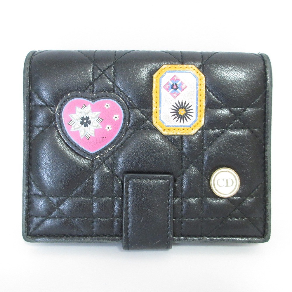 Dior Canage Stitch Leather Bifold Wallet Black for Women Pre-Owned