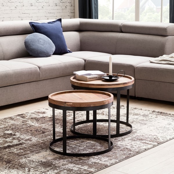 Couchtisch 2Er Set Massiv Akazie Wohnzimmertisch Industrial Design Metallgestell-image