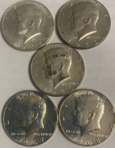 Lot of Five (5) 40% SILVER KENNEDY HALF DOLLARS :: 1965, 1966, 1966, 1967, 1968: