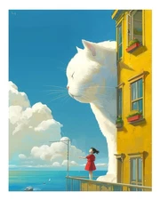 Whimsical Cat and Girl Poster Wall Art - Surreal Fantasy Decor