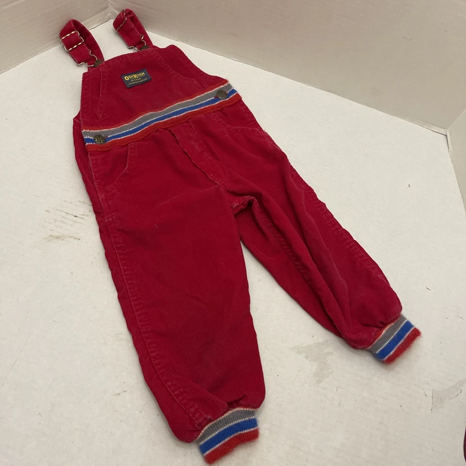 Vintage OshKosh B'Gosh Red Corduroy Vestbak Overalls Union Made USA 70s 80s 3T - Image 2 of 4