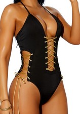 Womens Black Lycra Brazilian Back One Piece Swimsuit Gold Lace Up Deep V Front