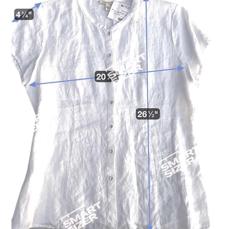 Eileen Fisher Wms 亚麻纽扣短袖上衣 M 白色海岸度假装 — 第 3/4 张图片