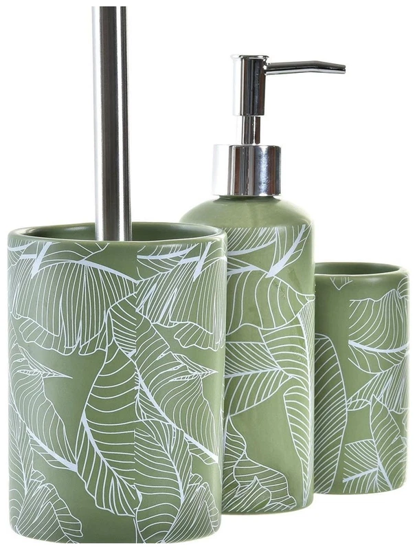 Set Accessori Bagno 3 Pezzi Dolomite Foglie Verdi Dosasapone Bicchiere Scopino, fotografia 2 di 9