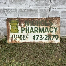 Vintage Metal Sign 44” x 21” Nichols Pharmacy LUPTON MICHIGAN MICH MI