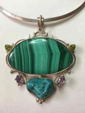 Natural Malachite, Turquoise, Peridot, Amethyst, Sterl. Silver Handmade Pendant