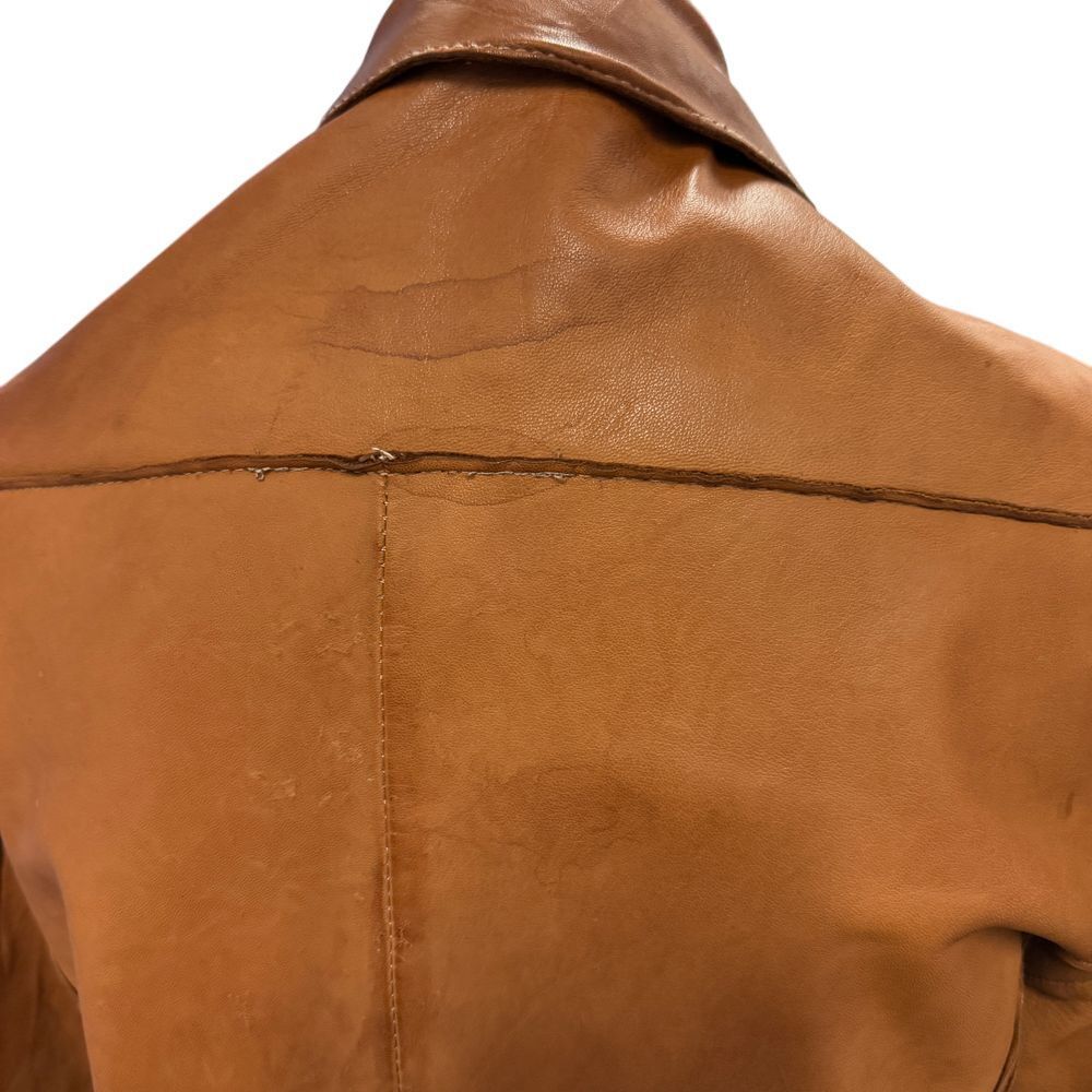 Blur Vintage Tan Leather Long Coat Button Front Collared Trench Style Outerwear image 5