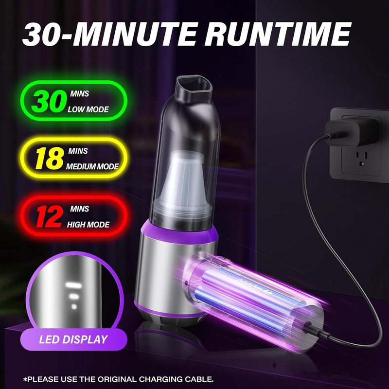 Suction and 120W High Power Cordless Car Vacuum, 30 Minute Runtime, Brushless