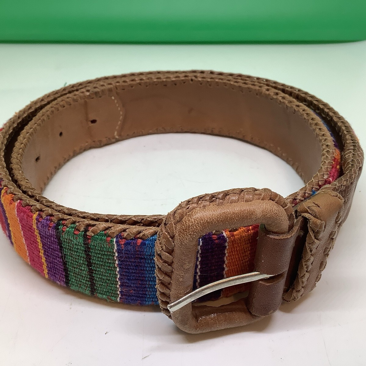 Vintage Boho Tan Leather Woven Multi Color Belt Crafted in Guatemala Medium Guatemalan Belt - Etsy main image 4