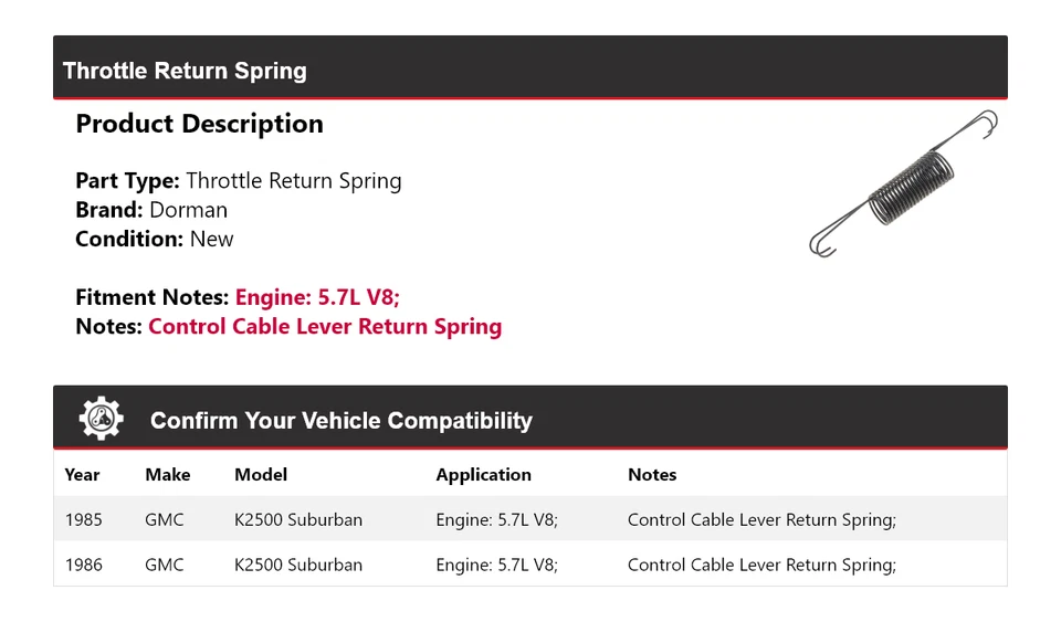 Para GMC K2500 Suburban 1985-1986 5,7 L V8 Dorman resorte de retorno del acelerador Foto 2 de 4