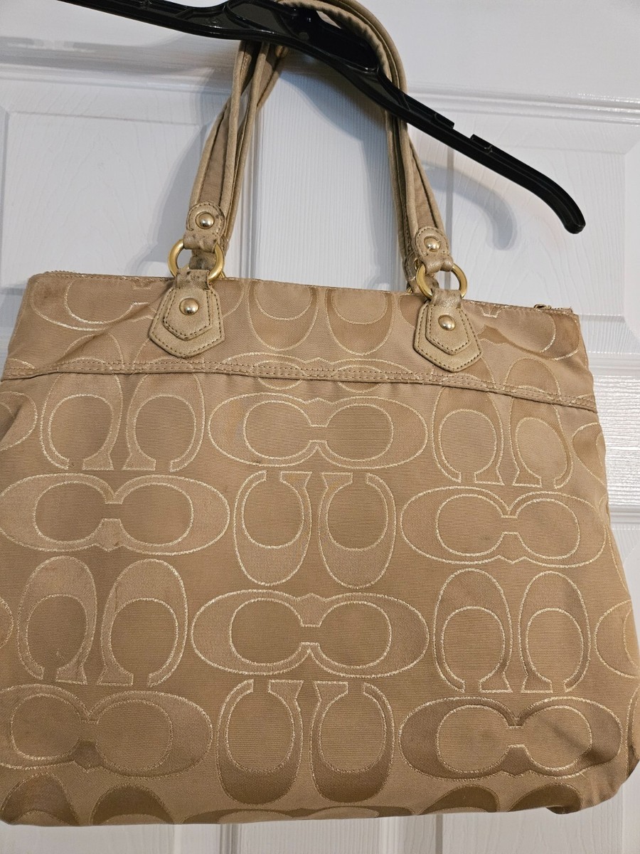 Coach Poppy Gold Signature Glam Tote HandBag Blue Lining Gold