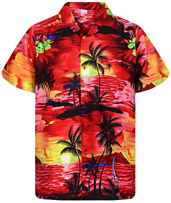 Camicia Hawaiana Originale Uomo | KY's | Stampa Pesci | Rosso | Cotone Con Bottoni In Cocco | Maniche Corte