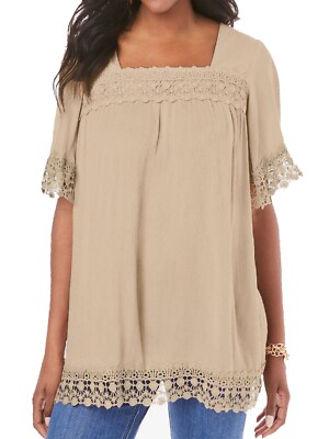 Big-Size Kurzarm Tunika Bluse Shirt sand Roamans Gr. 40 46 48 54 60 64 #x11