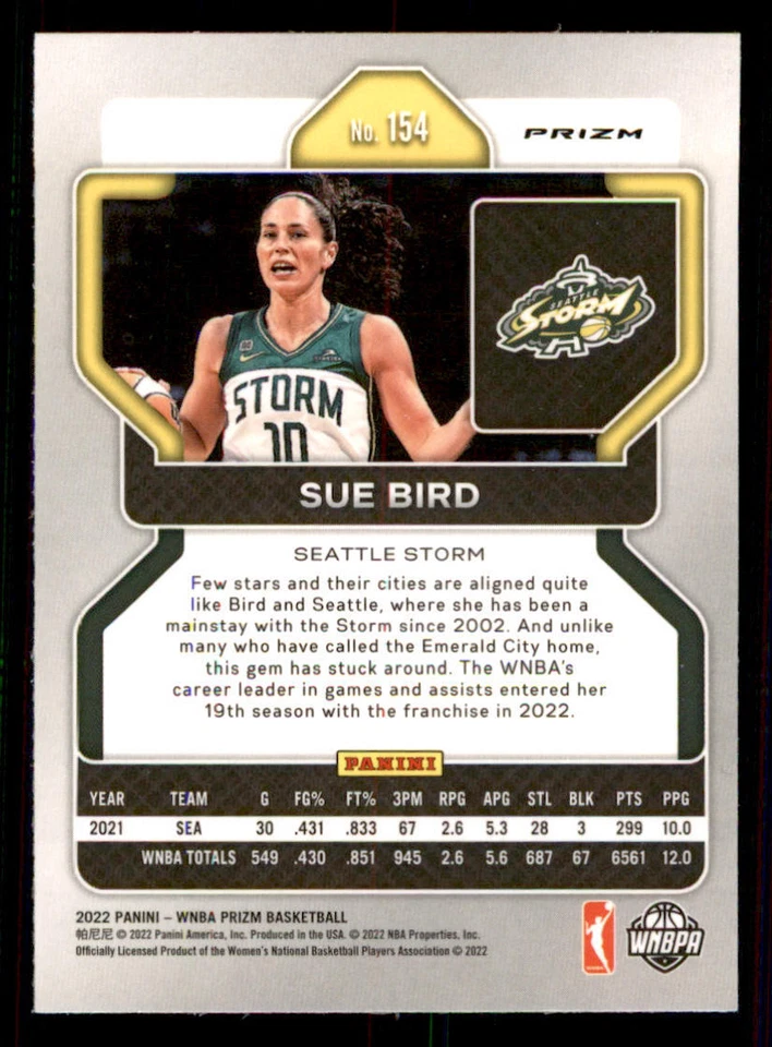 2022 Panini Prizm WNBA Prizms Silver #154 Sue Bird - Image 2 of 2