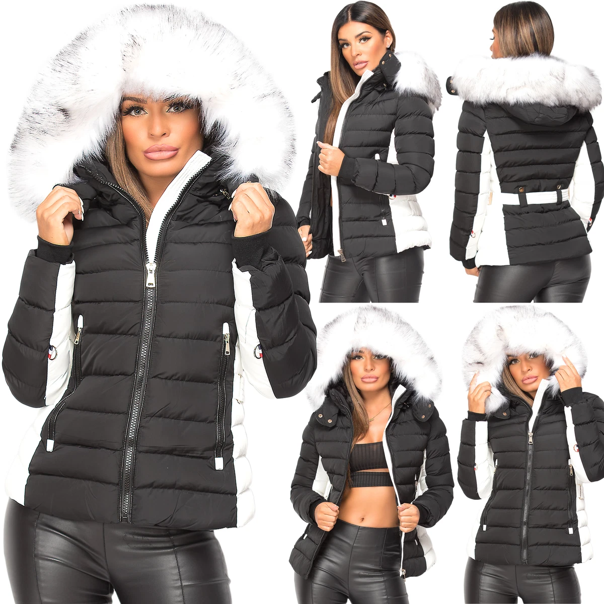 Ladies Women's Quilted Puffer Bubble Padded Jacket Fur Collar Winter Hooded  Coat