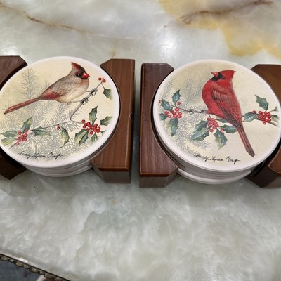 2 Sandy Lynam Clough Cardinal Coaster Sets Wood Holders Male Female Christmas
