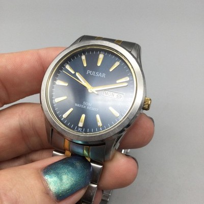 Pulsar Mens Watch 38mm Blue Dial Two Tone Day Date VX43-X008 New