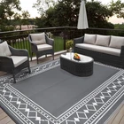 Outdoor Rug Waterproof Reversible Plastic Straw Rug Geometry Border Patio Rug