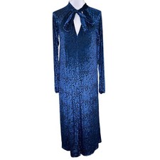 ASOS Midi Dress 6 Blue Velvet Leopard Animal Print Tie Neck Long Sleeve Chic New