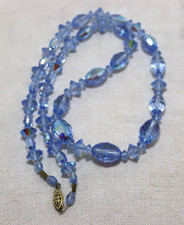 Blue Crystal Aurora Borealis Necklace 24" Long Hand Cut Crystals Ovals Rounds