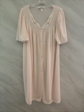 Vintage Lorraine L Peach Lace Rosettes Button Up Night Gown Feminine Pretty