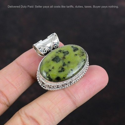 Oval Serpentine Stone 925 Sterling Silver Boho Vintage Birthday Pendant Jewelry