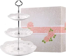 3-Tier Porcelain Cupcake Stand Serving Tray - White Embossed Elegant Dessert Cak