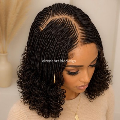16 Zoll lockige handgefertigte einzelne Zöpfe Perücke - Cornrow Weave - 4x4 Lace Verschluss