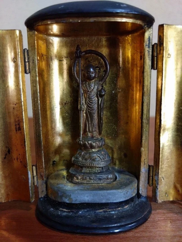 Estatua japonesa vintage de cobre Jizo Bodhisattva H2,3 pulgadas con Zushi H3,5 x 2,1 x 1,4 pulgadas FS Foto 3 de 4