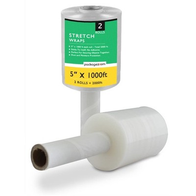 2 Pack Mini Hand Stretch Wrap 5'' 1000 Ft wide x 1000 ft x 2 Roll, Clear