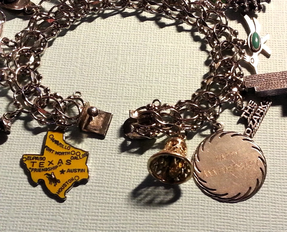 Vintage 60-70's Sterling Silver Bracelet & 17 Charms, Mixed Theme, Heavy 7.5" - Image 3 of 4