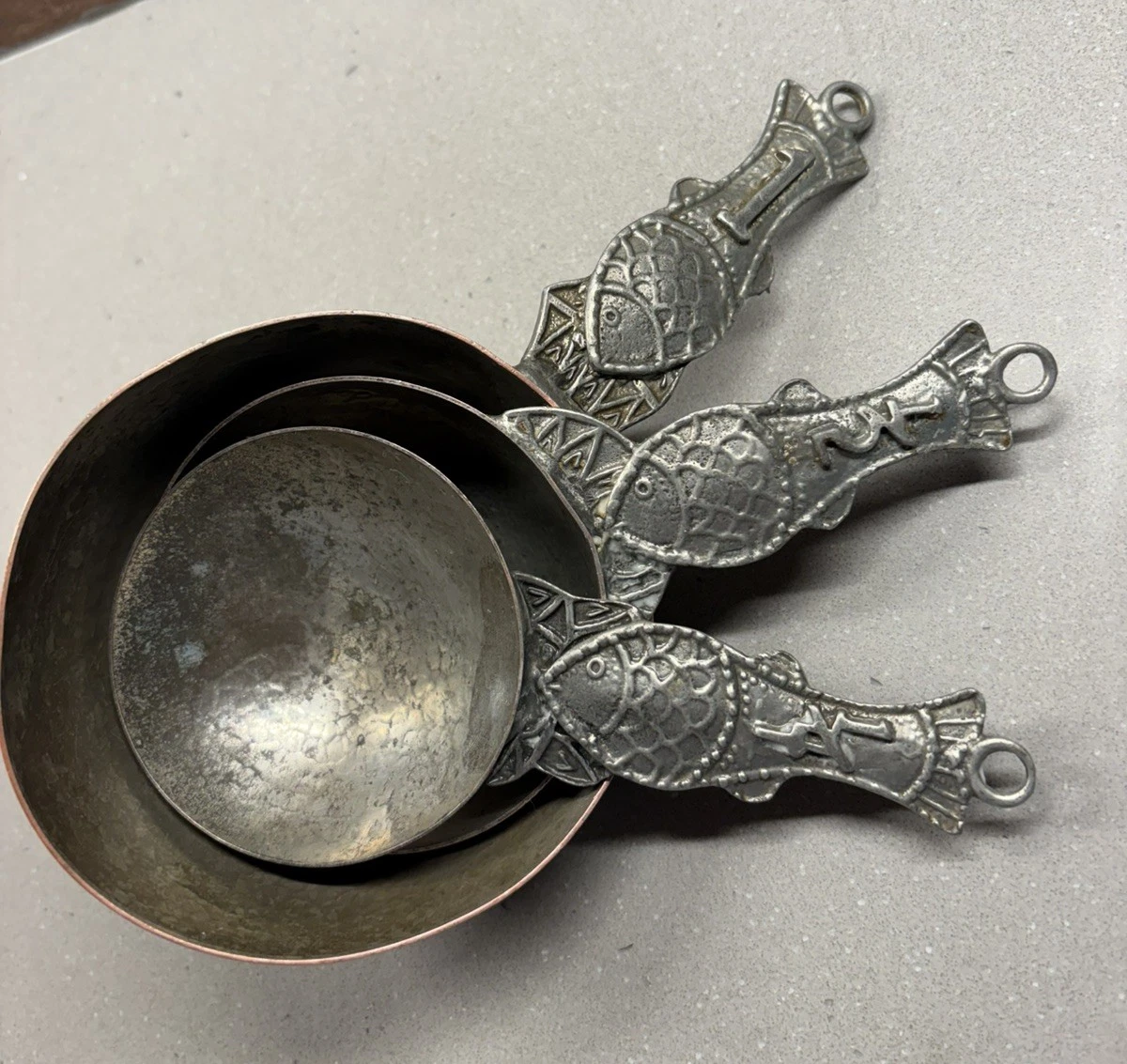 Vintage Woodsman Pewter Fish Measuring Cups Set of 3 hammered metal antique
Opens in a new window or